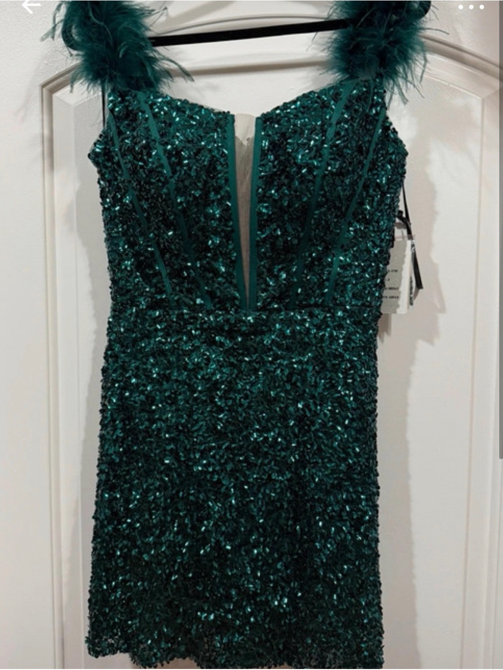 Alyce Paris Emerald Green Sequin Mini Dress with Feather Straps